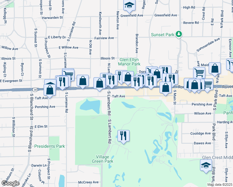 map of restaurants, bars, coffee shops, grocery stores, and more near 339 Roosevelt Road in Glen Ellyn