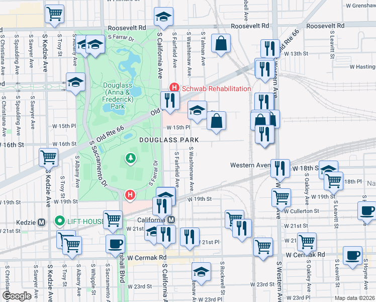map of restaurants, bars, coffee shops, grocery stores, and more near 1618 South Washtenaw Avenue in Chicago