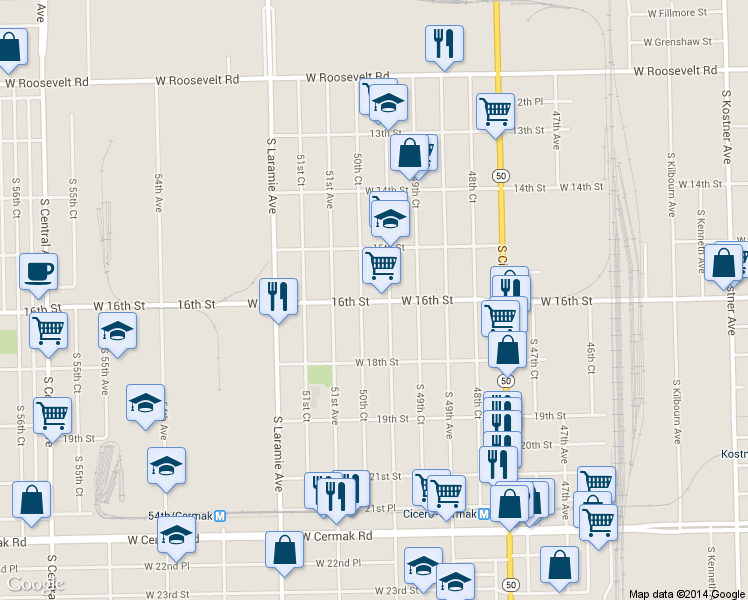 map of restaurants, bars, coffee shops, grocery stores, and more near 5016 W 16th St in Cicero