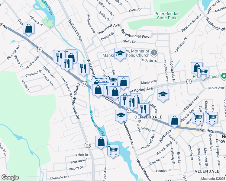 map of restaurants, bars, coffee shops, grocery stores, and more near 2239 Mineral Spring Avenue in North Providence