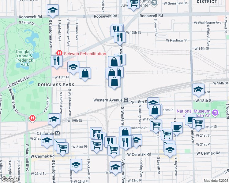 map of restaurants, bars, coffee shops, grocery stores, and more near 2443-2499 West 16th Street in Chicago