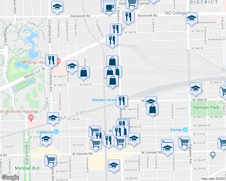map of restaurants, bars, coffee shops, grocery stores, and more near 2443 West 16th Street in Chicago
