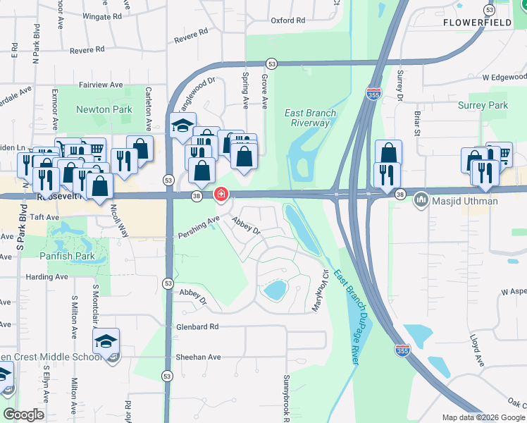 map of restaurants, bars, coffee shops, grocery stores, and more near 23 Chancel Lane in Glen Ellyn