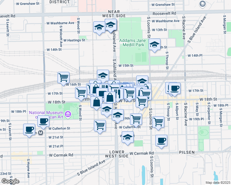 map of restaurants, bars, coffee shops, grocery stores, and more near S Ashland Ave & W 17th St in Chicago