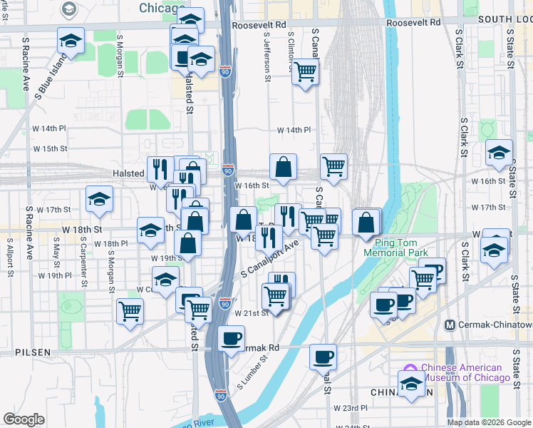map of restaurants, bars, coffee shops, grocery stores, and more near 1642 South Jefferson Street in Chicago