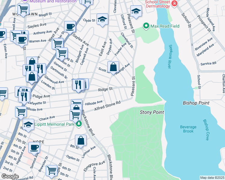 map of restaurants, bars, coffee shops, grocery stores, and more near 22 Glenwood Avenue in Pawtucket