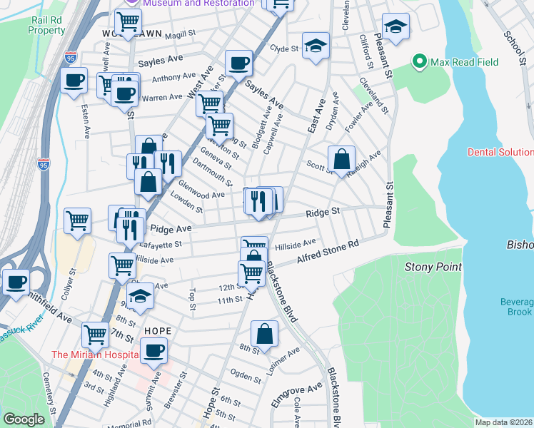 map of restaurants, bars, coffee shops, grocery stores, and more near 112 Lowden Street in Pawtucket