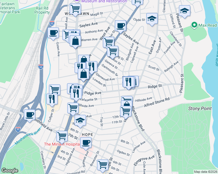 map of restaurants, bars, coffee shops, grocery stores, and more near in Pawtucket