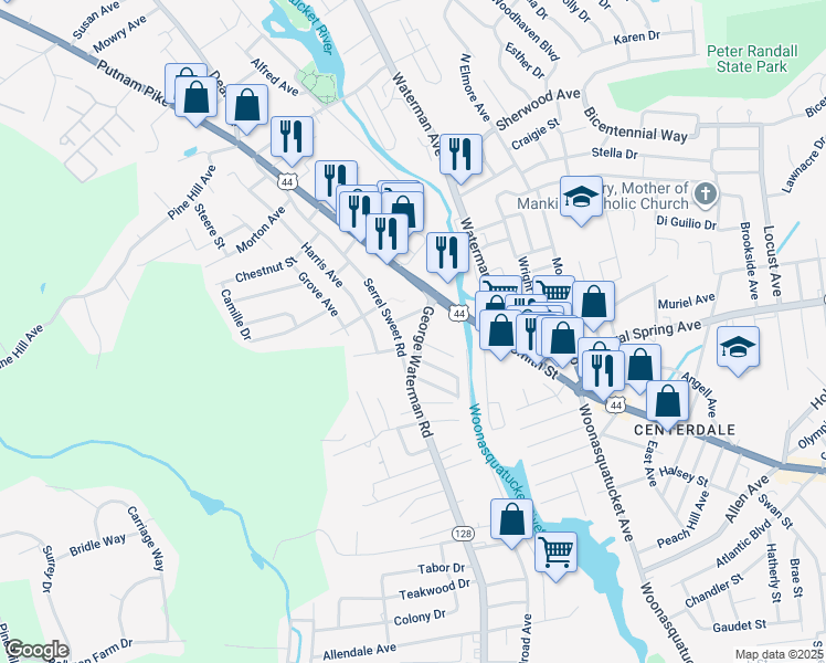 map of restaurants, bars, coffee shops, grocery stores, and more near 21 Serrel Sweet Road in Johnston