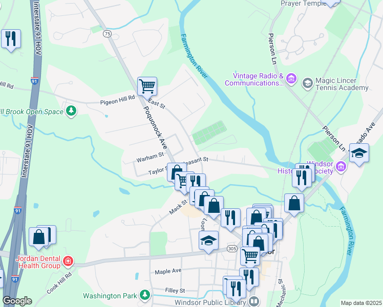 map of restaurants, bars, coffee shops, grocery stores, and more near 89 East Street in Windsor
