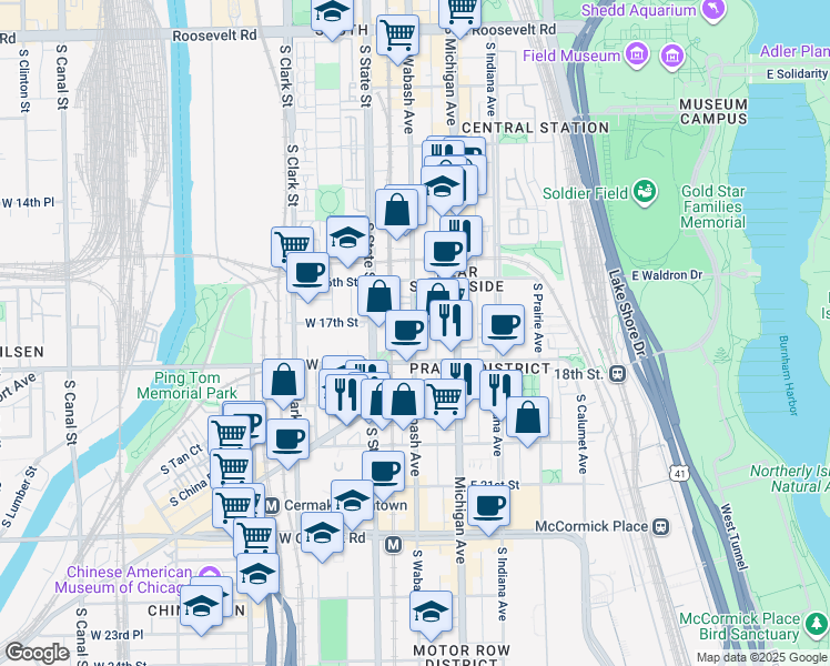 map of restaurants, bars, coffee shops, grocery stores, and more near 1639 South Wabash Avenue in Chicago