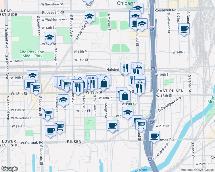 map of restaurants, bars, coffee shops, grocery stores, and more near 1700 South Morgan Street in Chicago