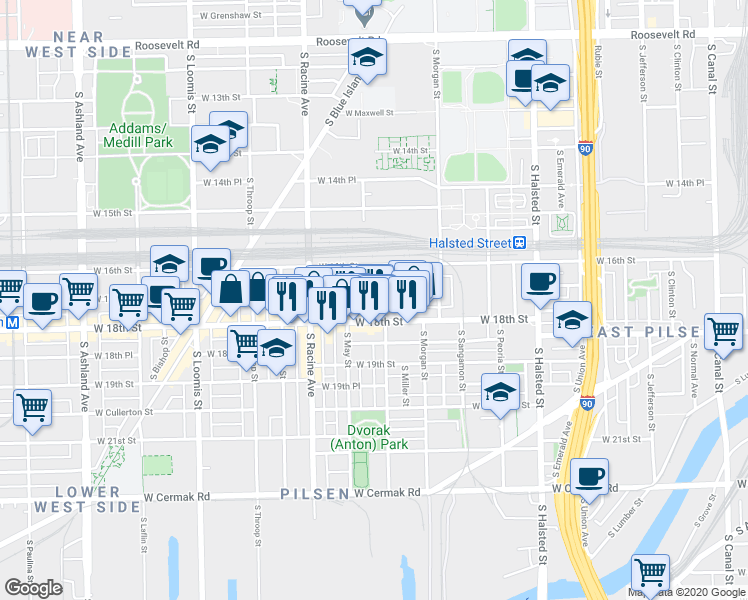 map of restaurants, bars, coffee shops, grocery stores, and more near 1114 West 17th Street in Chicago