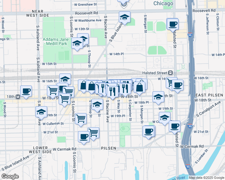 map of restaurants, bars, coffee shops, grocery stores, and more near 1154 West 17th Street in Chicago