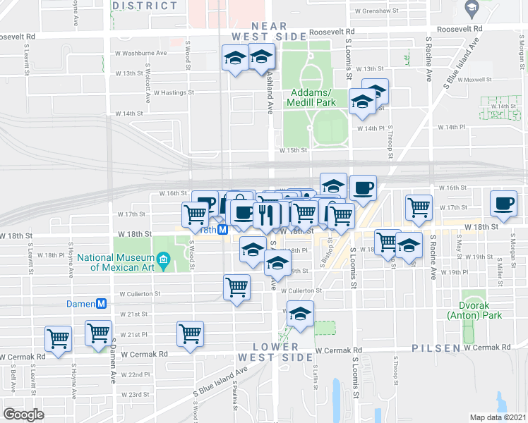 map of restaurants, bars, coffee shops, grocery stores, and more near 1625 South Ashland Avenue in Chicago