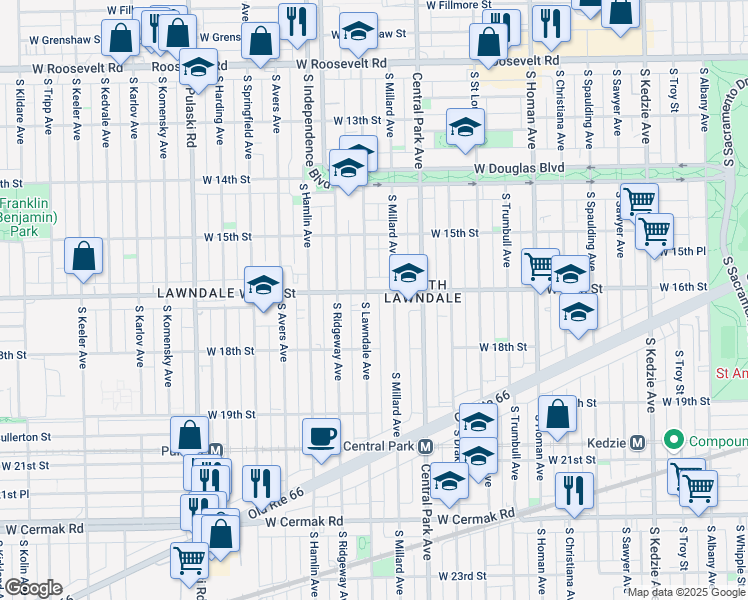 map of restaurants, bars, coffee shops, grocery stores, and more near 3650 West 16th Street in Chicago