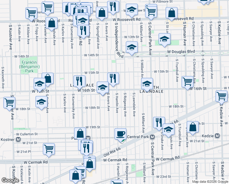 map of restaurants, bars, coffee shops, grocery stores, and more near 3818 West 16th Street in Chicago