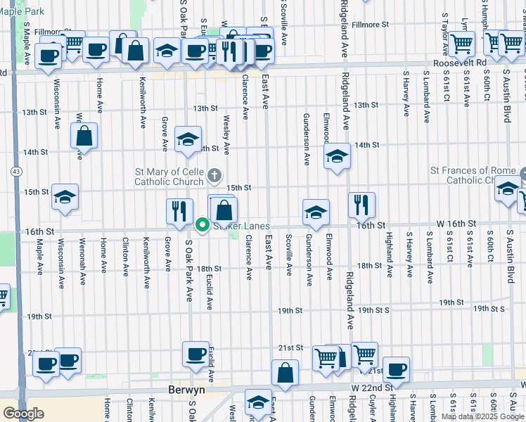 map of restaurants, bars, coffee shops, grocery stores, and more near 1522 East Avenue in Berwyn