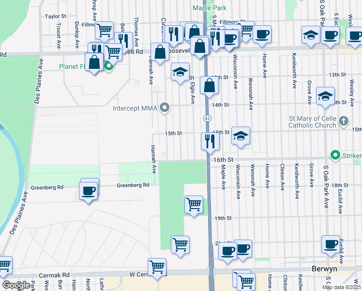 map of restaurants, bars, coffee shops, grocery stores, and more near 1509 Marengo Avenue in Forest Park
