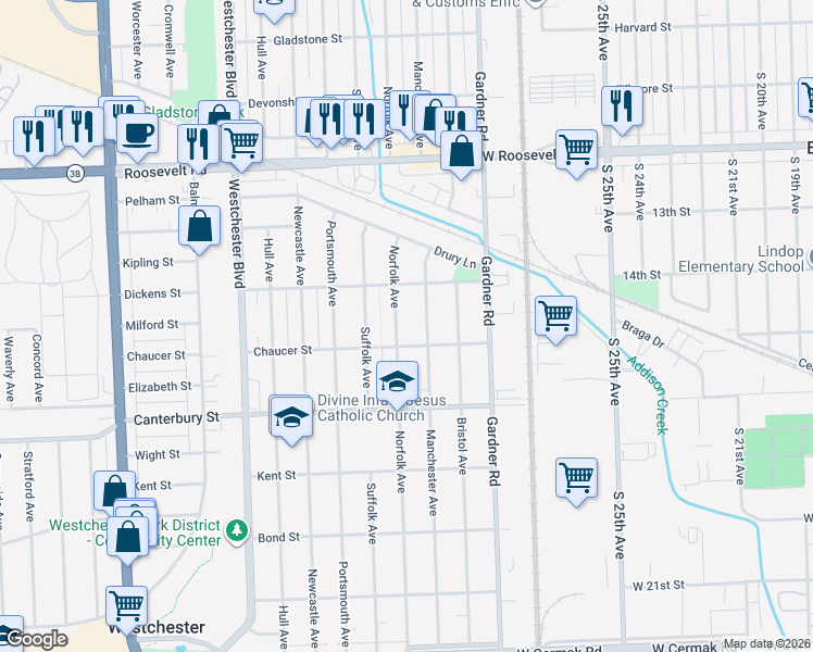 map of restaurants, bars, coffee shops, grocery stores, and more near 1430 Norfolk Avenue in Westchester