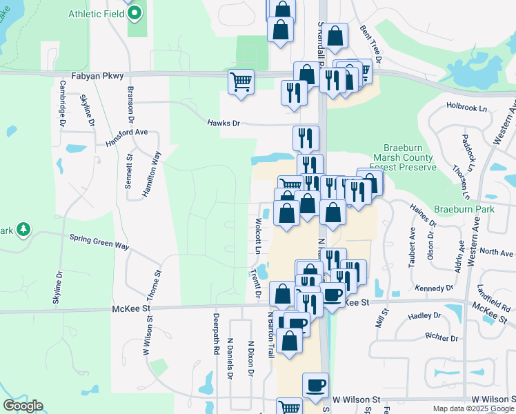 map of restaurants, bars, coffee shops, grocery stores, and more near 481 Wolcott Lane in Batavia
