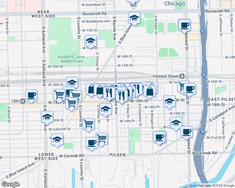 map of restaurants, bars, coffee shops, grocery stores, and more near 1154 West 17th Street in Chicago