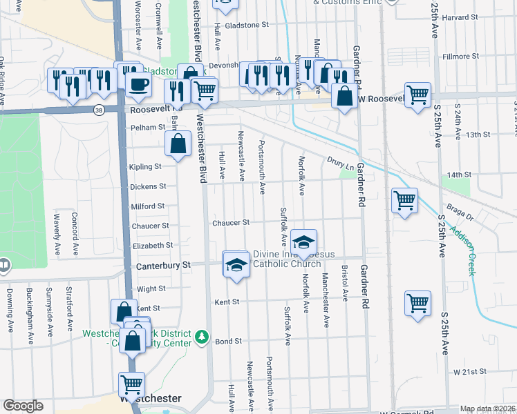 map of restaurants, bars, coffee shops, grocery stores, and more near 1425 Newcastle Avenue in Westchester