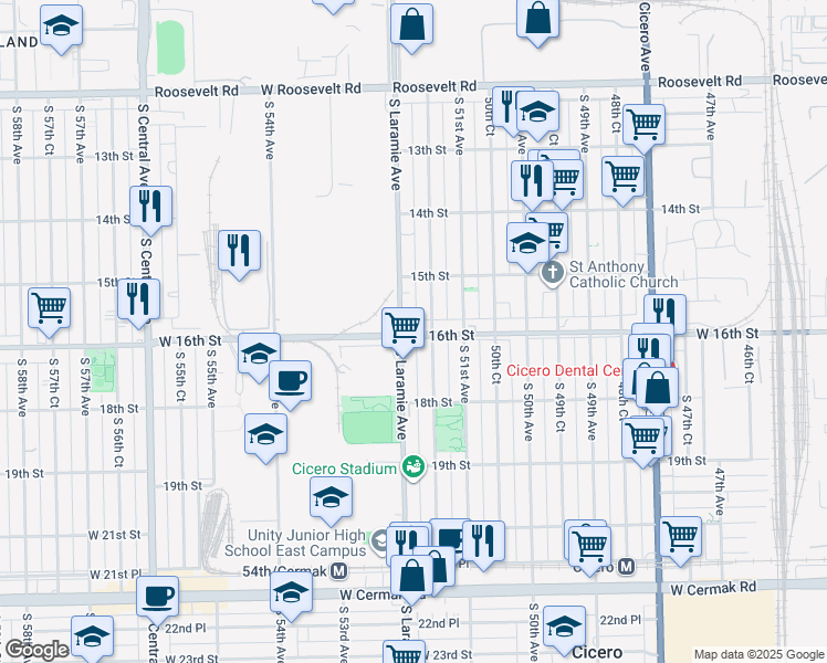 map of restaurants, bars, coffee shops, grocery stores, and more near 1543 South Laramie Avenue in Cicero