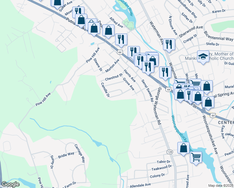 map of restaurants, bars, coffee shops, grocery stores, and more near 30 Buchanan Street in Johnston
