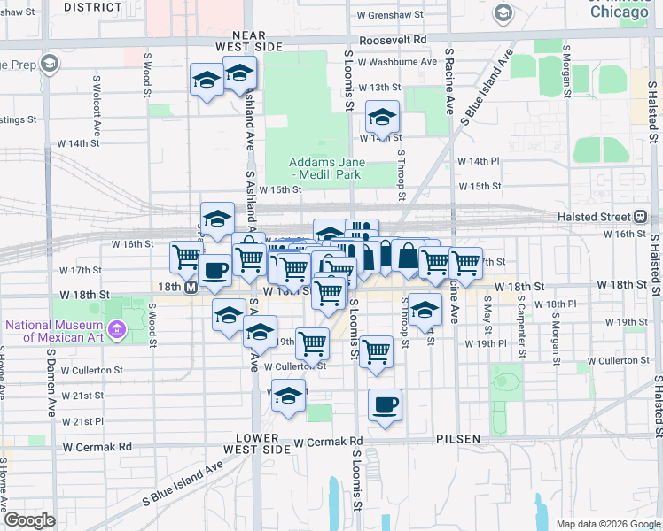 map of restaurants, bars, coffee shops, grocery stores, and more near 1420 West 17th Street in Chicago