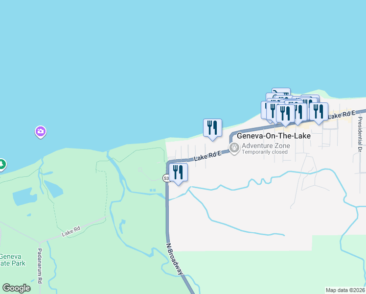 map of restaurants, bars, coffee shops, grocery stores, and more near 5753 Lake Road East in Geneva
