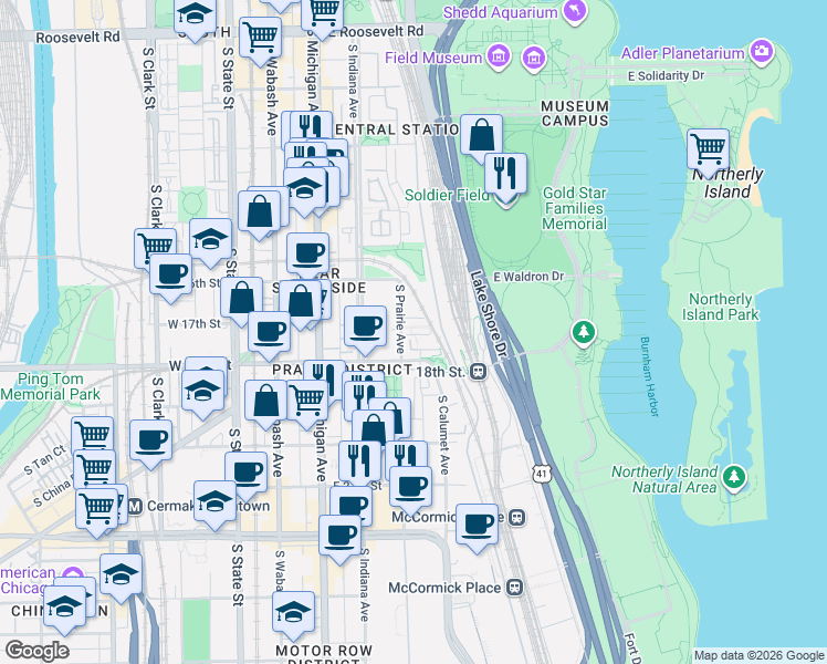 map of restaurants, bars, coffee shops, grocery stores, and more near 311 East 17th Street in Chicago