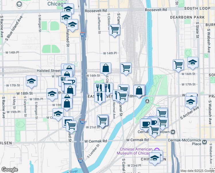 map of restaurants, bars, coffee shops, grocery stores, and more near 1701 South Clinton Street in Chicago