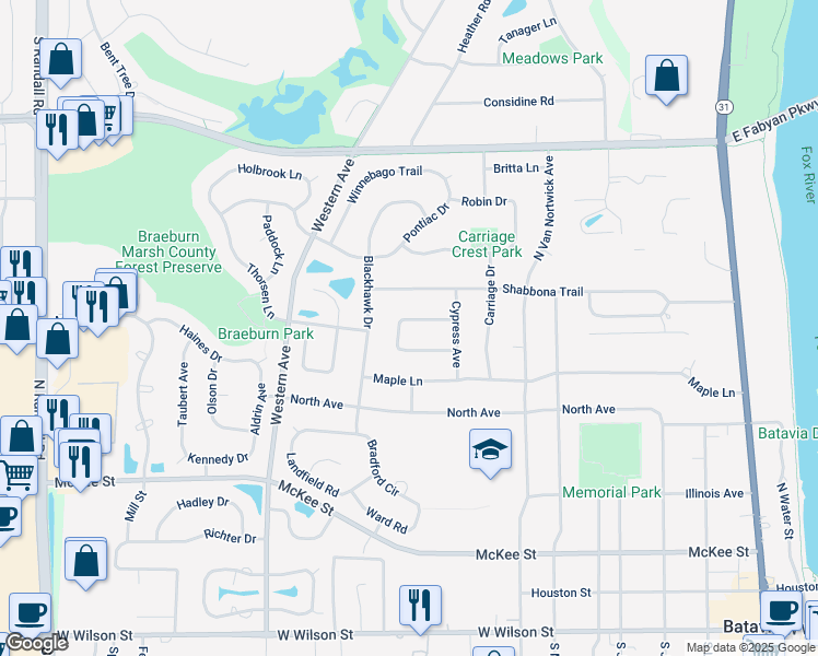 map of restaurants, bars, coffee shops, grocery stores, and more near 1078 Ponca Drive in Batavia