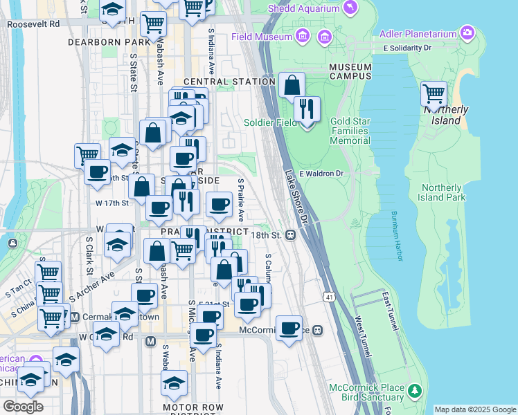 map of restaurants, bars, coffee shops, grocery stores, and more near 331 East 17th Street in Chicago
