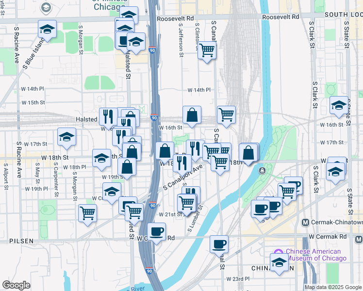 map of restaurants, bars, coffee shops, grocery stores, and more near 1642 South Jefferson Street in Chicago