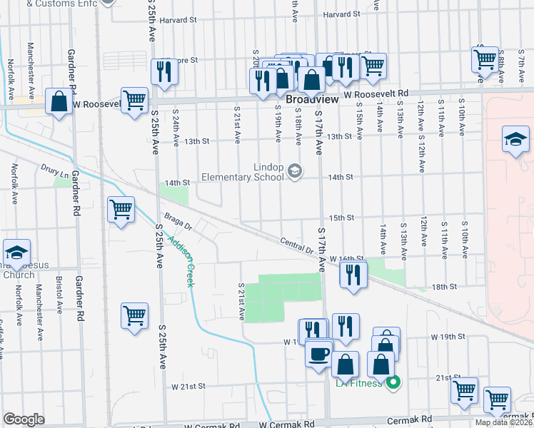map of restaurants, bars, coffee shops, grocery stores, and more near 2432 20th Avenue in Broadview