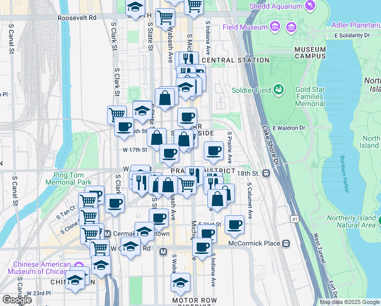 map of restaurants, bars, coffee shops, grocery stores, and more near 1700 Michigan Avenue in Chicago