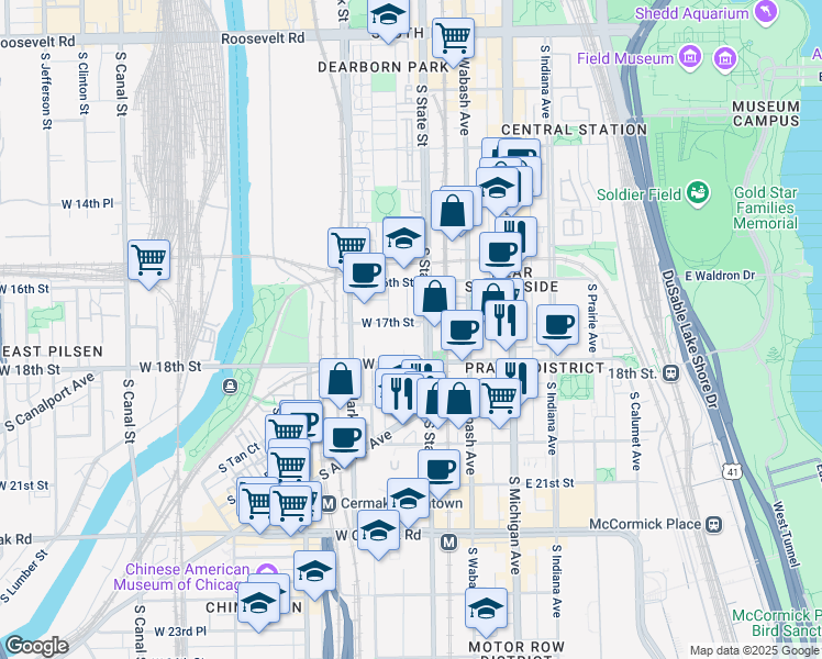 map of restaurants, bars, coffee shops, grocery stores, and more near 1703 South Dearborn Street in Chicago
