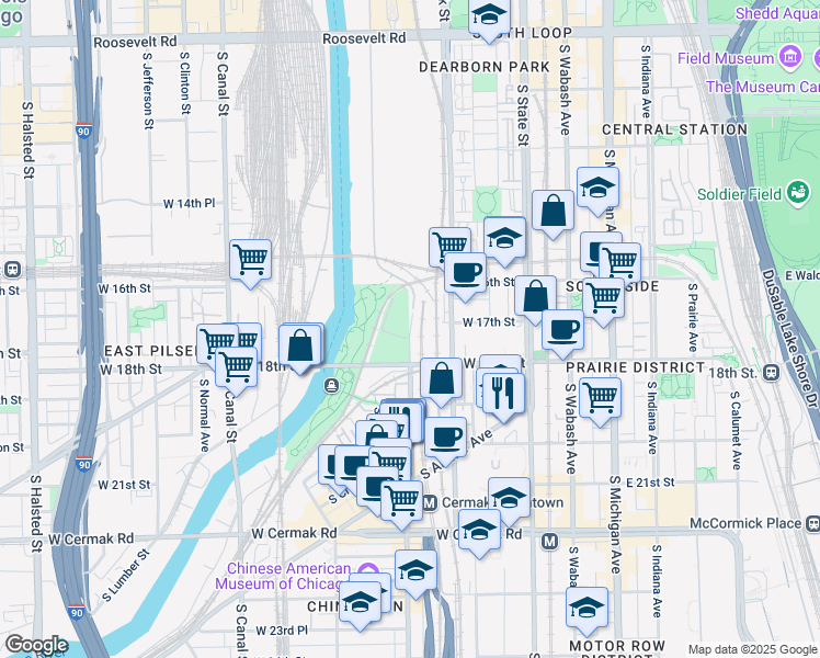 map of restaurants, bars, coffee shops, grocery stores, and more near 1611 South Wentworth Avenue in Chicago