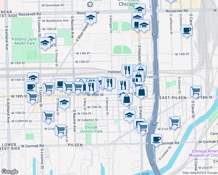 map of restaurants, bars, coffee shops, grocery stores, and more near 1700 South Morgan Street in Chicago