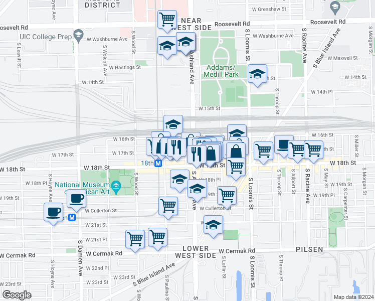 map of restaurants, bars, coffee shops, grocery stores, and more near 1625 South Ashland Avenue in Chicago