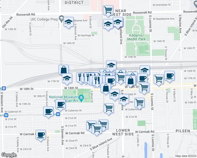 map of restaurants, bars, coffee shops, grocery stores, and more near 1748 West 17th Street in Chicago