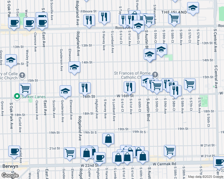 map of restaurants, bars, coffee shops, grocery stores, and more near 1521 South Lombard Avenue in Cicero
