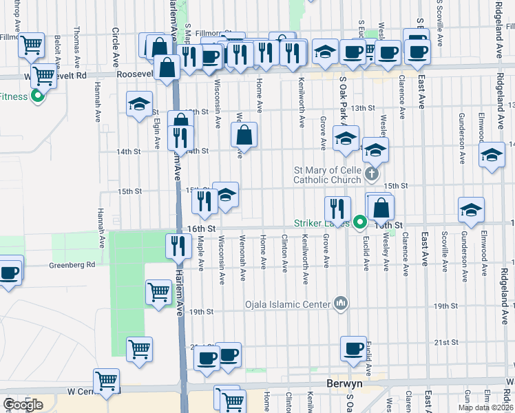 map of restaurants, bars, coffee shops, grocery stores, and more near 1513 Wenonah Avenue in Berwyn