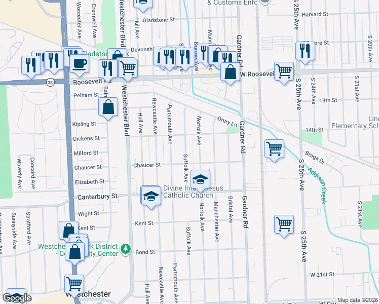 map of restaurants, bars, coffee shops, grocery stores, and more near 1430 Norfolk Avenue in Westchester