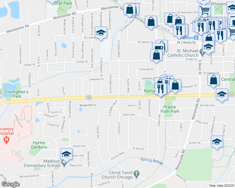 map of restaurants, bars, coffee shops, grocery stores, and more near 1103 West Roosevelt Road in Wheaton