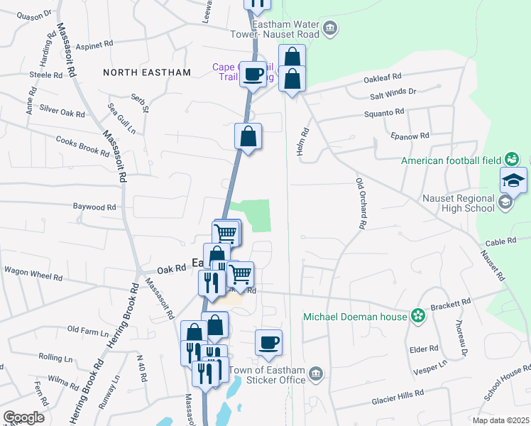 map of restaurants, bars, coffee shops, grocery stores, and more near 4730 State Highway in Eastham