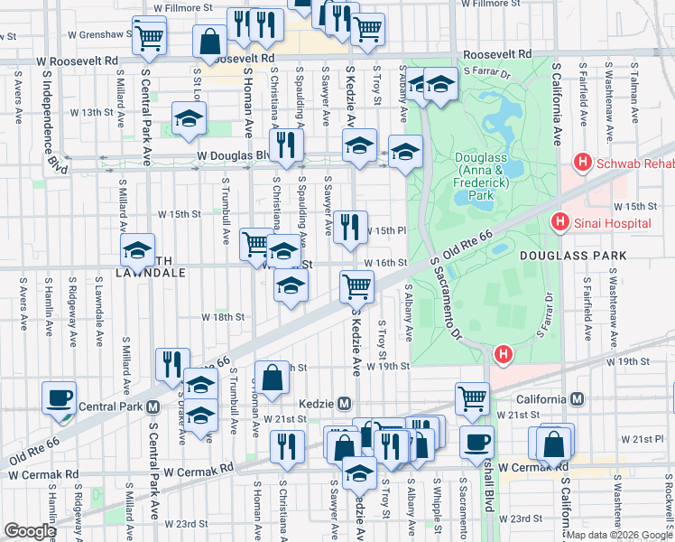 map of restaurants, bars, coffee shops, grocery stores, and more near 1601 South Sawyer Avenue in Chicago