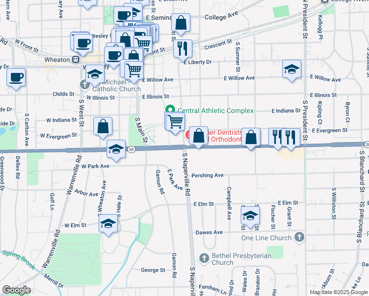 map of restaurants, bars, coffee shops, grocery stores, and more near East Roosevelt Road & South Naperville Road in Wheaton